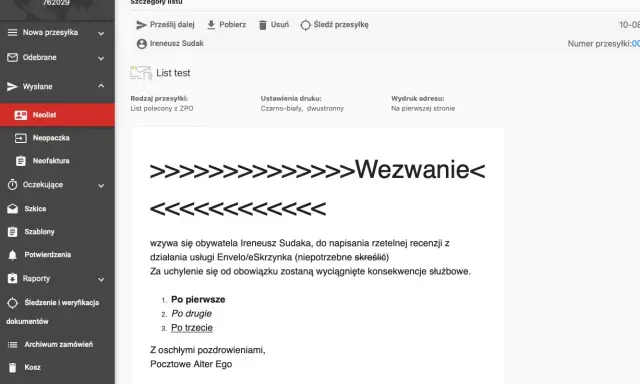Szczegóły listu poleconego z ZPO, "Wezwanie" do Ireneusza Sudaka. Sprawdź poczta cennik list.