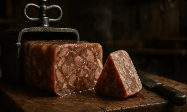 Un bloc de fromage de tête fumant, coupé en part, sur une planche en bois rustique. Un couteau à côté.
