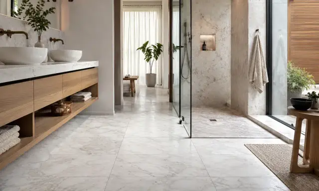 Bagno moderno con pavimenti e rivestimenti in **segato di marmo** bianco, doppio lavabo, doccia a vista e arredi in legno.