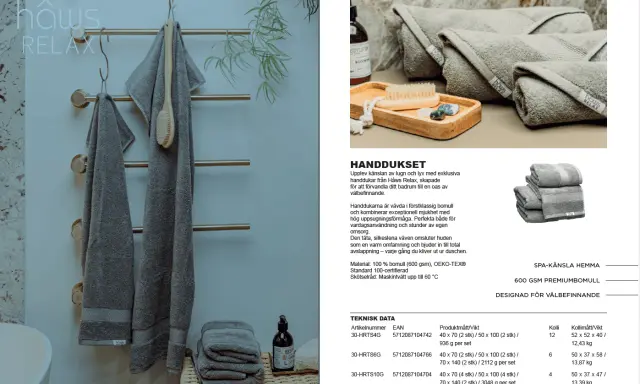 Grå handdukar i mjuk bomull, 600 GSM, för en lyxig spa-känsla hemma. Materialet ger hög uppsugningsförmåga.