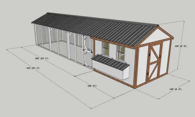 Projekt kurnika na 30 kur: przestronny wybieg z siatki i zadaszony domek z oknami i drzwiami. Wymiary: 25' x 8'4" x 8'5".