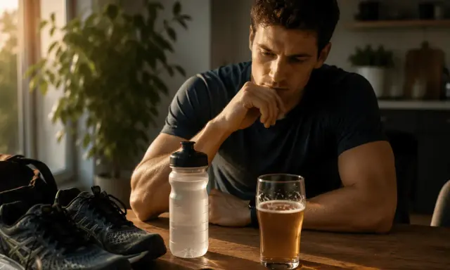 Mann mit Laufschuhen, Wasserflasche und Bierglas am Tisch. Überlegt, ob Sport nach Alkohol am Vorabend eine gute Idee ist.