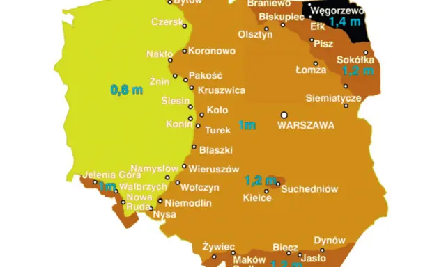 Mapa Polski z zaznaczonymi strefami przemarzania gruntu. Wartości od 0,8 m do 1,4 m.