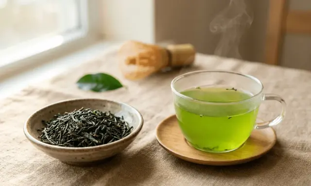 Une tasse de thé vert fumant, à côté d'un bol de feuilles de thé et d'un fouet, pour profiter des matcha bienfaits.