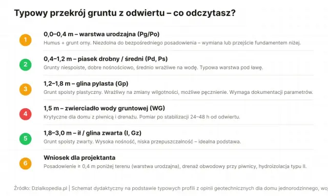Przekrój gruntu z odwiertu: warstwa urodzajna, piasek, glina pylasta, zwierciadło wody, glina zwarta. Wniosek dla projektanta: badania geotechniczne gruntu wskazują na potrzebę głębszego posadowienia.