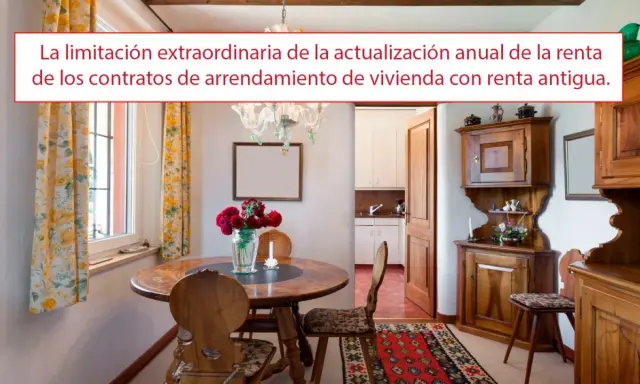 Comedor rústico con muebles de madera, flores y alfombra. Un texto sobre la renta antigua de 1964.