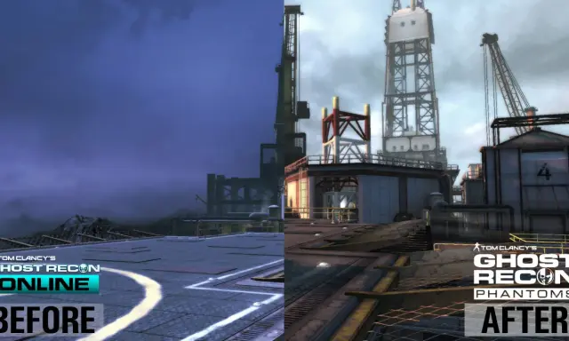 Porównanie grafiki z gry Tom Clancy's Ghost Recon Phantoms: lewa strona "przed" - ciemna, prawa "po" - jaśniejsza, z lepszymi detalami.