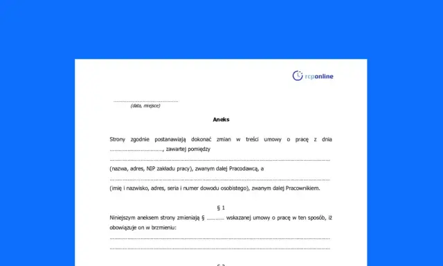 Aneks do umowy o pracę, wprowadzający zmiany w stanowisku pracy. Dokument zawiera dane stron i szczegóły modyfikacji.