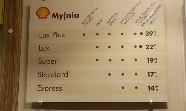Cennik myjni Shell: Lux Plus 39,90 zł, Lux 22,90 zł, Super 19,90 zł, Standard 17,90 zł, Express 14,90 zł.