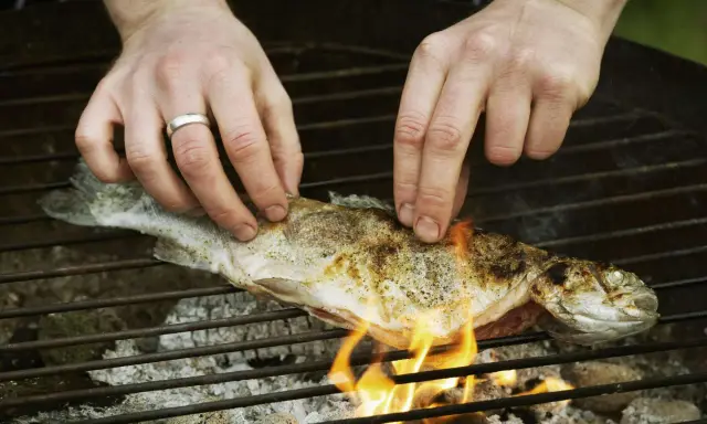 Hände legen einen Fisch auf den Grill. Mit etwas Übung gelingt das Fisch grillen ohne kleben.