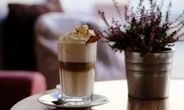 Ein hoher Frappe Espresso mit Sahne, Zimt und einem Keks. Daneben eine Topfpflanze.