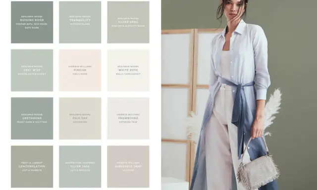 Tavolozza di colori per interni, con tonalità che vanno dal verde salvia al beige chiaro, come il "Pale Oak". Una modella indossa abiti in lino color crema.