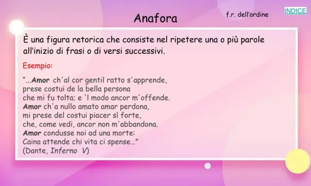 Anafora: esempi in poesia. Ripetizione di "Amor" all'inizio di versi, come in Dante.
