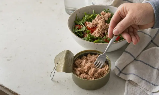 Una mano prende il tonno da una scatoletta aperta per aggiungerlo a un'insalata. Quanto tonno mangiare? Una porzione sana per un pasto leggero.