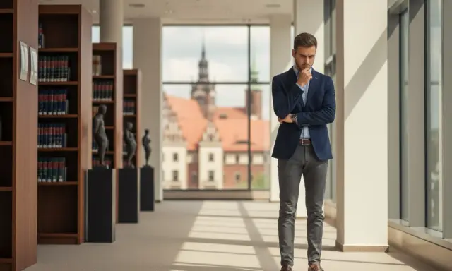 Młody mężczyzna w garniturze rozmyśla w bibliotece, gdzie panuje atmosfera sprzyjająca studiom prawniczym.