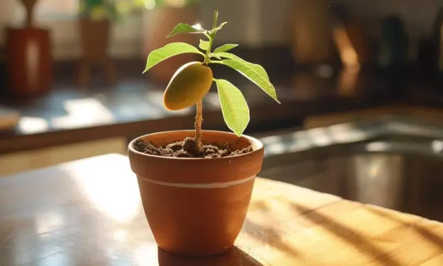 Jeune plant de manguier en pot, avec un petit fruit encore attaché au noyau de mangue, baigné de lumière.