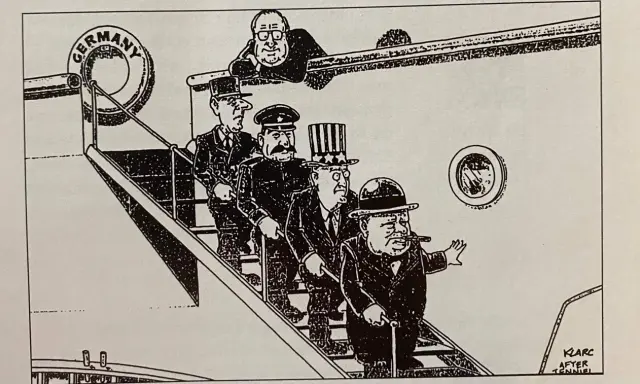 Karikatur: "Der Lotse geht von Bord" – Stalin, Churchill & Co. steigen aus Deutschland aus. Ein Mann mit Brille blickt von oben herab.