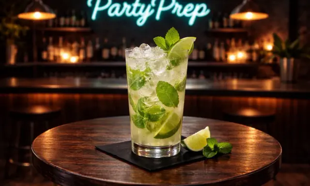 En uppfriskande mojito med vit rom, mynta och lime på ett runt träbord. Bakom skymtar en bar med neonskylten "Party Prep".