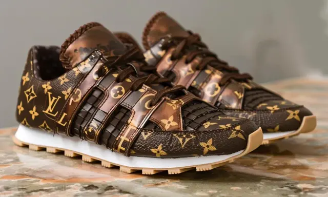Brązowe buty sportowe Louis Vuitton z monogramem na marmurowym tle.