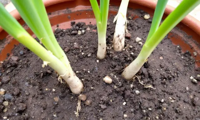 Jeunes pousses d'oignons verts en pleine culture ail, leurs bases blanches et vertes émergent d'un terreau riche.