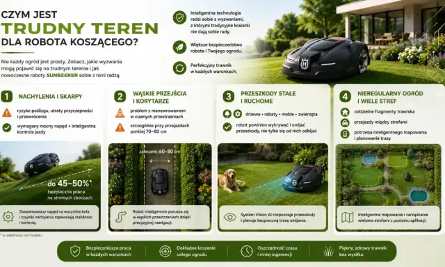 Robot koszący na trudny teren radzi sobie ze skarpami, wąskimi przejściami, przeszkodami i nieregularnymi ogrodami.