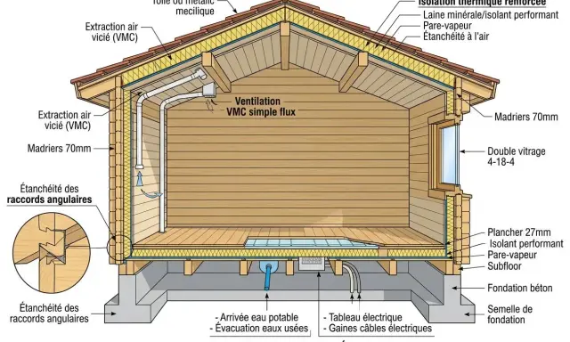 Coupe d'un plan chalet en bois montrant l'isolation, la ventilation VMC, les raccords étanches et les raccordements eau/électricité.