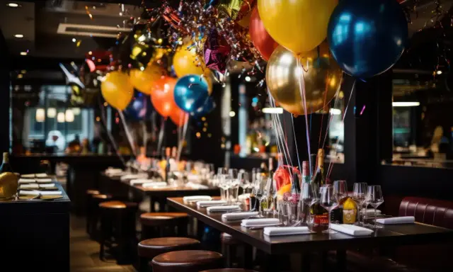 Balony i konfetti ozdabiają stoliki w lokalu, gotowe na 40. urodziny. Zastanawiasz się, ile dać na 40 urodziny w lokalu?