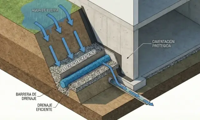 Sistema de drenaje de muros que intercepta el agua de lluvia y la dirige lejos de la cimentación protegida, asegurando un drenaje eficiente.