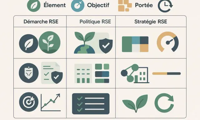 Tableau illustrant les éléments, objectifs et portée de la démarche, politique et stratégie RSE. La pérennité def est symbolisée par des icônes de croissance et de cycle.