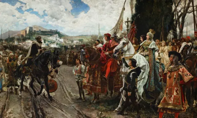 Prachtvolle Szene: Araber in Spanien im Mittelalter, prunkvolle Reiter und Fußvolk ziehen vor einer Stadt auf.
