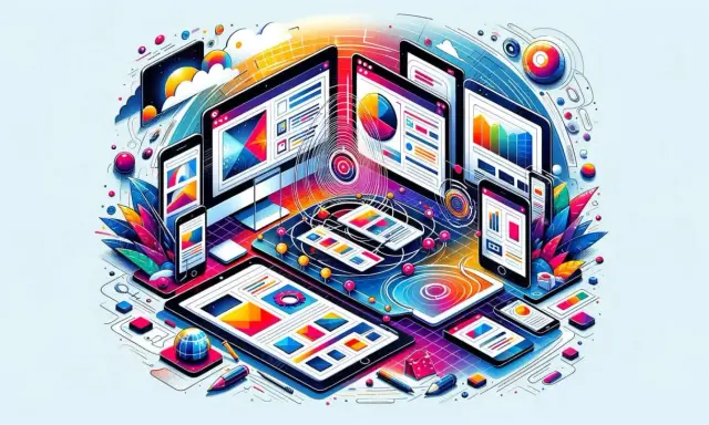 Kolorowa wizualizacja urządzeń (komputery, tablety, telefony) z elementami interfejsu, symbolizująca **adaptive web design**.