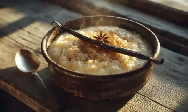 Un bol fumant de riz au lait, garni d'une gousse de vanille et d'anis étoilé. Parfait pour des recettes de riz au lait réconfortantes.