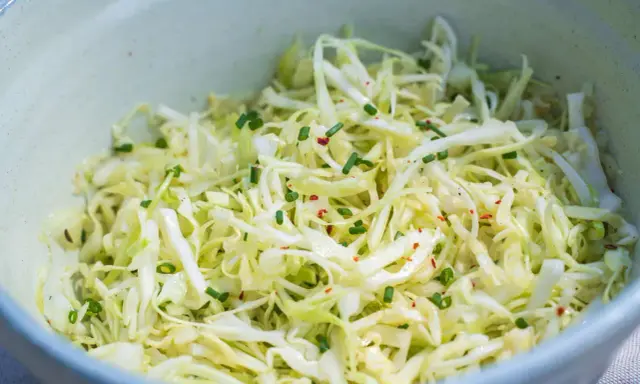 Frischer spitzkohl salat mit Schnittlauch und Chili-Flocken, appetitlich in einer Schüssel angerichtet.
