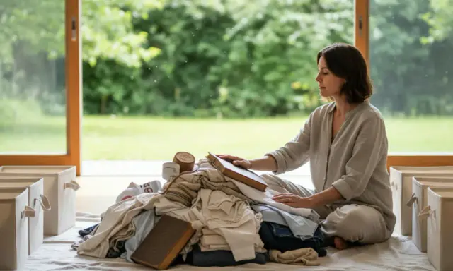 Donna medita su come iniziare il decluttering, circondata da vestiti e scatole vuote.