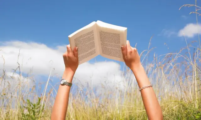 Mani che sorreggono un libro aperto contro il cielo azzurro, tra fili d'erba alta. Un momento di pace e apprendimento, magari con libri sulla salute mentale.