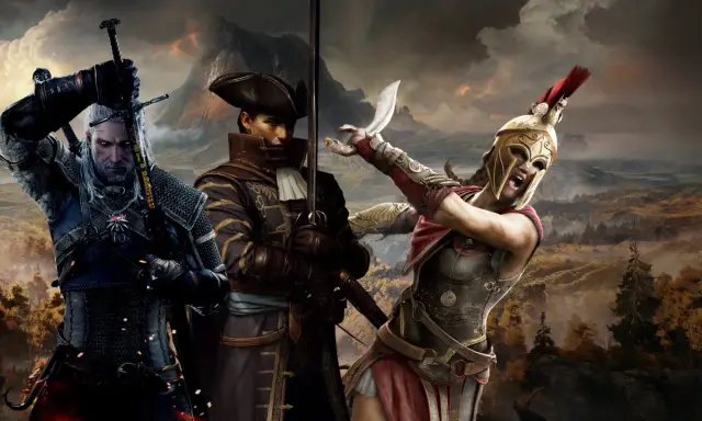Geralt, pirat i Spartanina, bohaterowie gier podobnych do Wiedźmina 3, gotowi do walki na tle malowniczego krajobrazu.