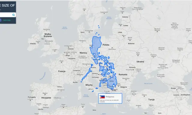 Filipiny rozciągają się od Bałtyku po Morze Czarne, pokazując, gdzie leżą Filipiny w porównaniu do Europy.