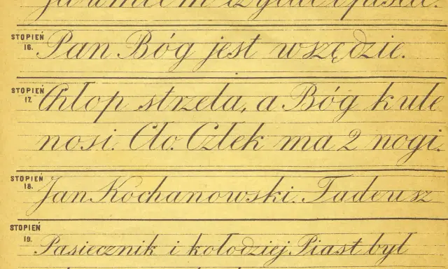 Różne rodzaje pisma ręcznego: ćwiczenia kaligraficzne z cytatami, np. "Pan Bóg jest wszędzie".
