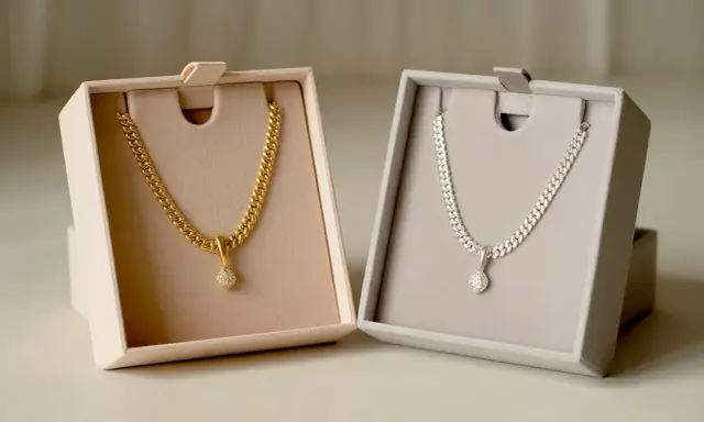 Due collane, una in oro e una in argento, con pendente scintillante, presentate in eleganti scatole.