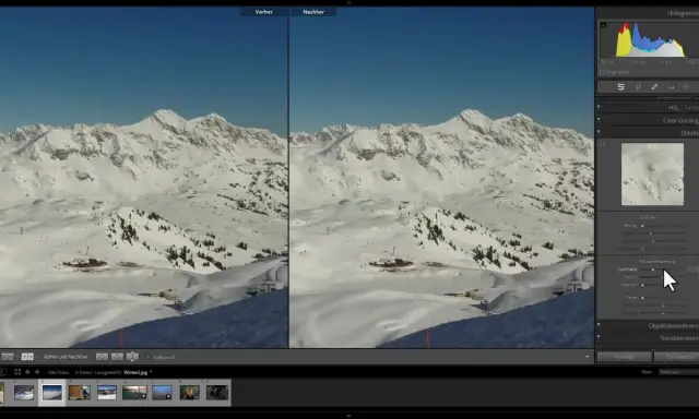 Comparación de imagen de montaña nevada, antes y después de aplicar denoise AI para mejorar la claridad.