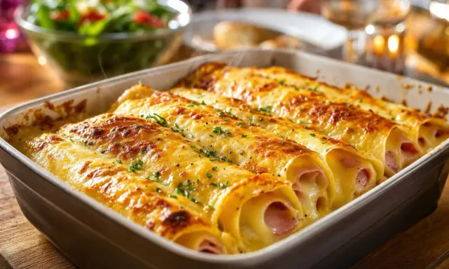 Crêpes au jambon et fromage, gratinées au four avec une sauce béchamel onctueuse. Un délice fumant !