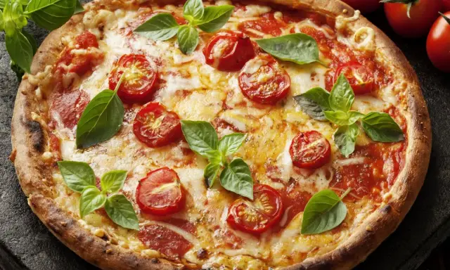 Pyszna pizza z pomidorkami i bazylią. Proste ciasto na pizzę zawsze wychodzi, a ta wygląda idealnie!