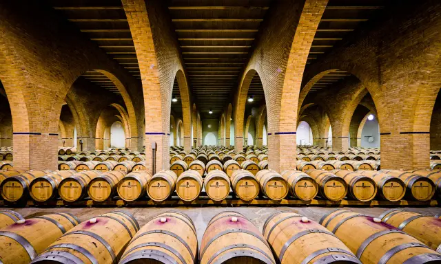 Bodegas subterráneas con hileras de barricas de vino, evocando la tradición del Camino de Santiago. Una fuente de vino para peregrinos.