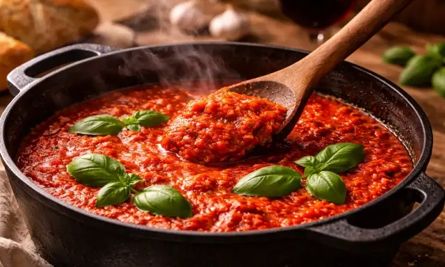 Une cuillère en bois sert une généreuse portion de sauce tomate maison fumante, garnie de basilic frais.