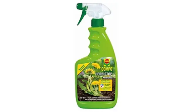 Botella verde con pulverizador de herbicida COMPO Herbistop, para eliminar malas hierbas para siempre.