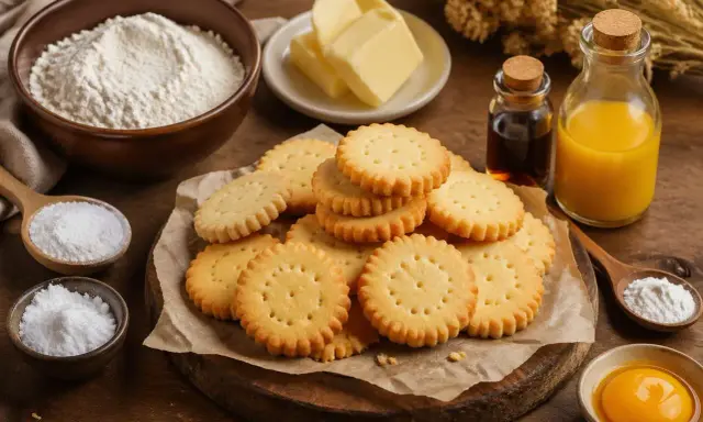 Des biscuits sablés dorés, empilés sur du papier sulfurisé, avec des ingrédients pour les meilleurs biscuits sablés : farine, beurre, sucre, œuf, vanille et jus.