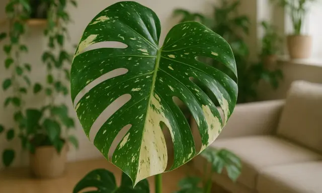 Duża, zielono-biała monstera w domowym zaciszu, przypominająca jej naturalne środowisko.