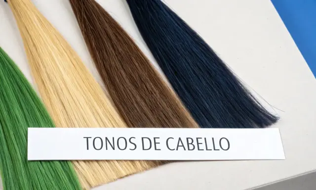 Muestras de cabello en tonos verde, rubio, castaño y azul oscuro. Una banda de papel dice "TONOS DE CABELLO", útil para saber mi subtono de piel.