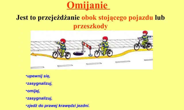 Dzieci na rowerach uczą się omijania przeszkody na drodze. Pamiętaj: upewnij się, zasygnalizuj, omijaj, zasygnalizuj i zjedź do prawej krawędzi.