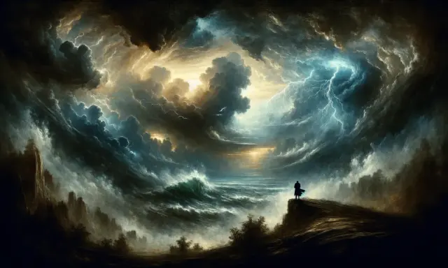 Un uomo osserva un mare in tempesta, fulmini squarciano il cielo. Un'immagine che evoca il **significato** di **Sturm und Drang**: passione, ribellione e la forza della natura.